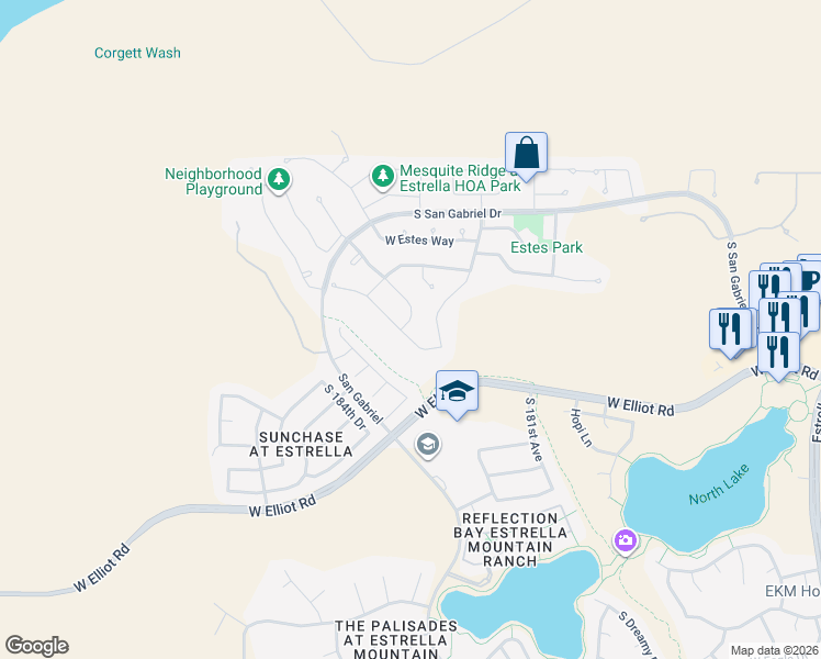 map of restaurants, bars, coffee shops, grocery stores, and more near 18319 West Sweet Acacia Drive in Goodyear
