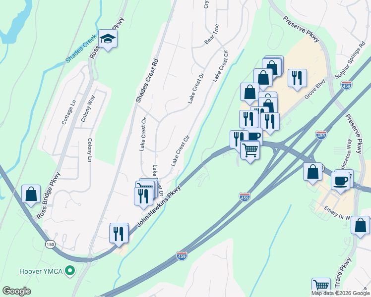 map of restaurants, bars, coffee shops, grocery stores, and more near 5159 Lake Crest Circle in Birmingham