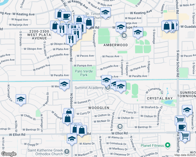 map of restaurants, bars, coffee shops, grocery stores, and more near 1733 West Peralta Avenue in Mesa