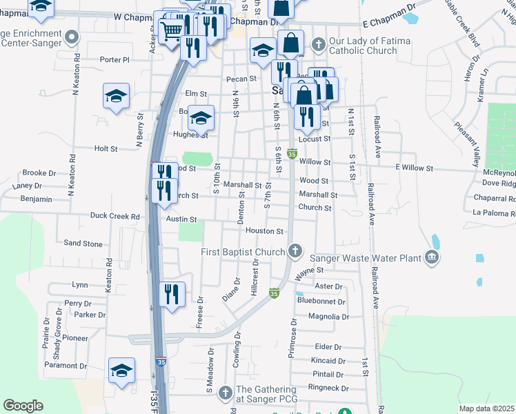 map of restaurants, bars, coffee shops, grocery stores, and more near 512 Oak Street in Sanger