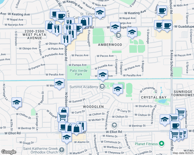 map of restaurants, bars, coffee shops, grocery stores, and more near 1733 West Peralta Avenue in Mesa