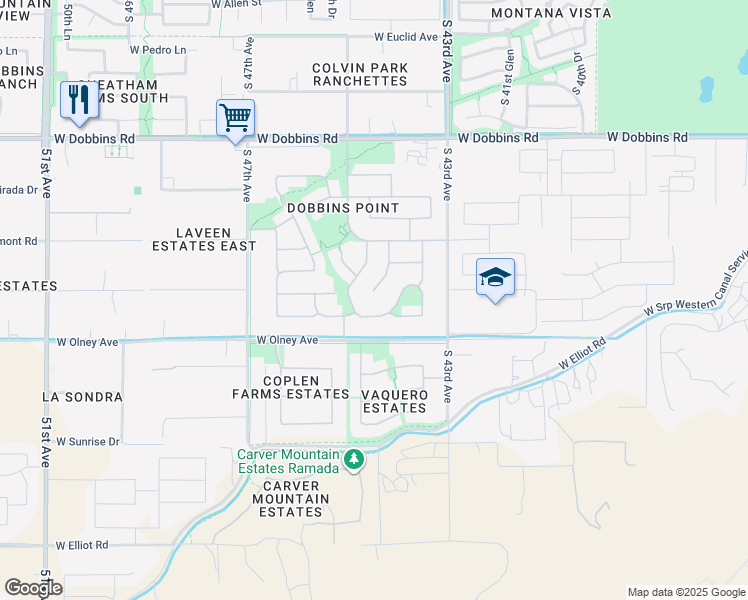 map of restaurants, bars, coffee shops, grocery stores, and more near 9811 South 44th Drive in Phoenix