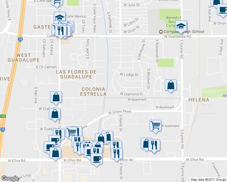 map of restaurants, bars, coffee shops, grocery stores, and more near 6824 South Hardy Drive in Tempe