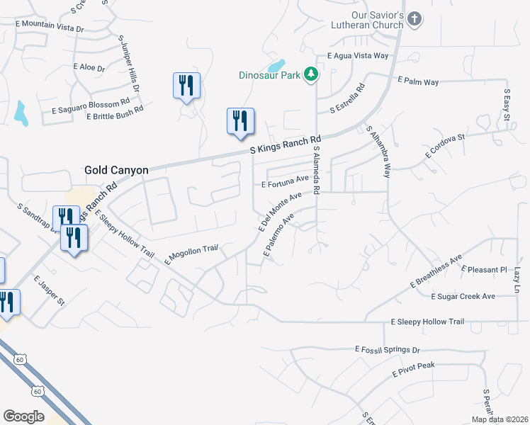 map of restaurants, bars, coffee shops, grocery stores, and more near 9742 East Del Monte Avenue in Gold Canyon