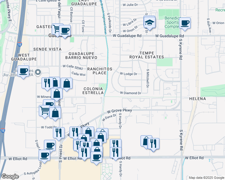 map of restaurants, bars, coffee shops, grocery stores, and more near 6824 South Hardy Drive in Tempe