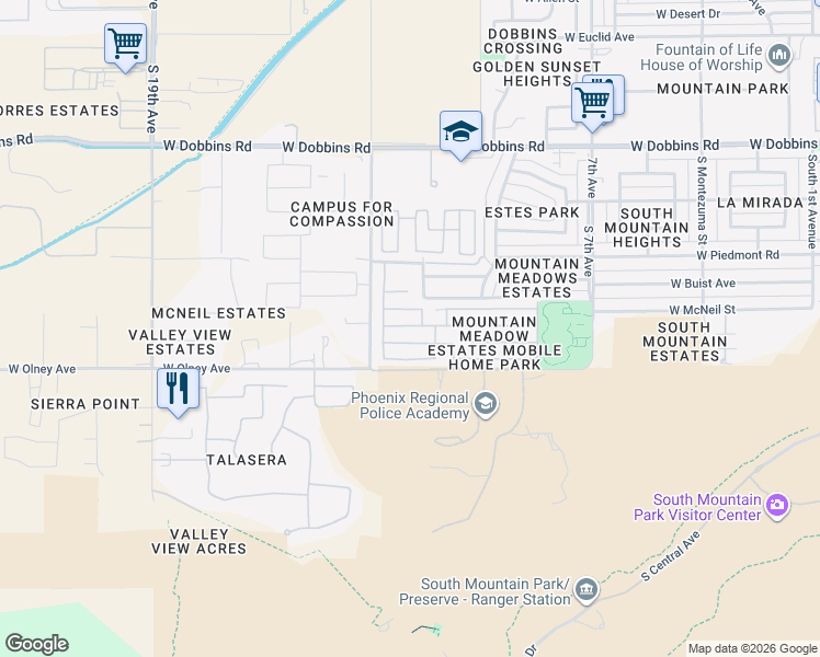 map of restaurants, bars, coffee shops, grocery stores, and more near 1214 West Summerside Road in Phoenix