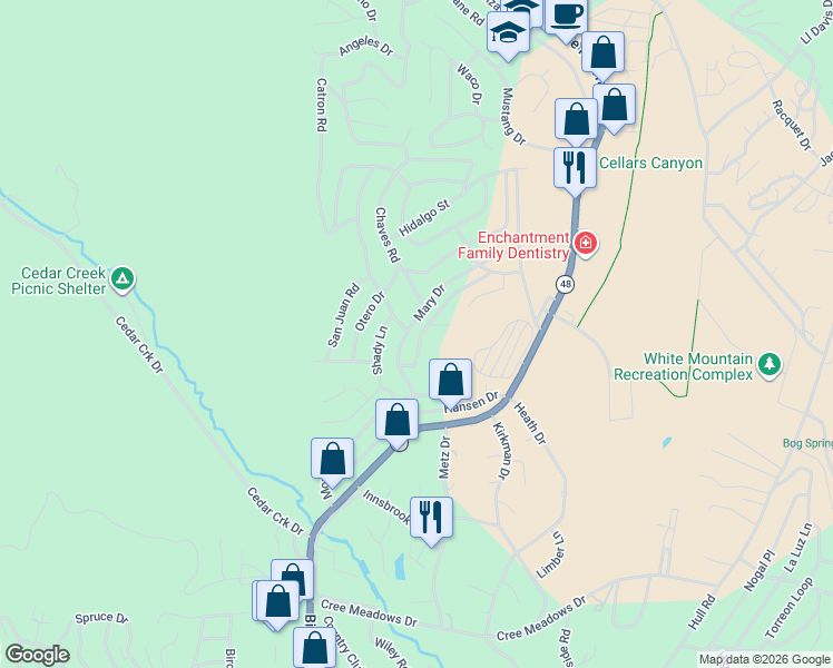 map of restaurants, bars, coffee shops, grocery stores, and more near 109 San Miguel Drive in Ruidoso