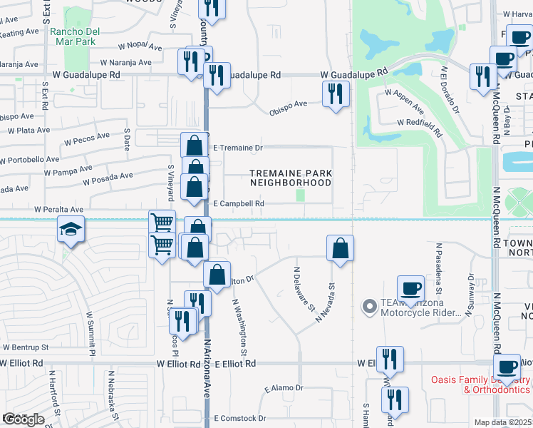 map of restaurants, bars, coffee shops, grocery stores, and more near 225 East Campbell Road in Chandler