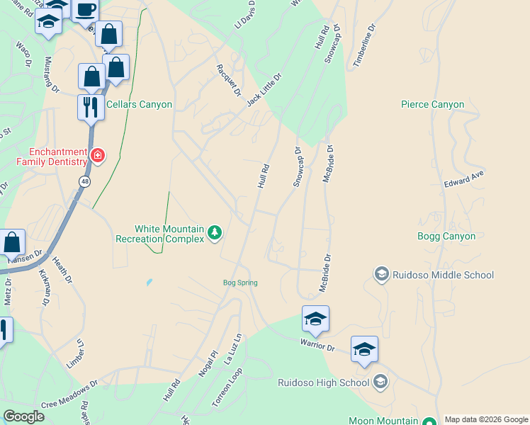 map of restaurants, bars, coffee shops, grocery stores, and more near Snowcrest Drive in Ruidoso