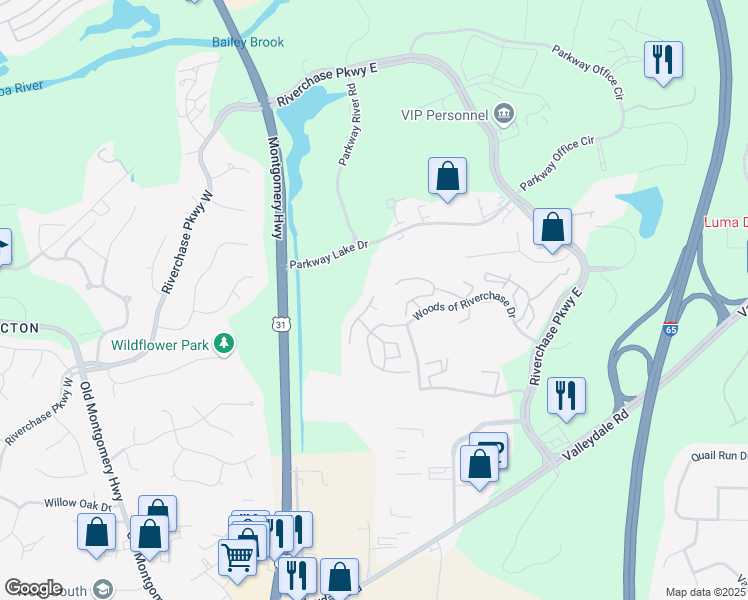 map of restaurants, bars, coffee shops, grocery stores, and more near 104 Summerchase Drive in Hoover