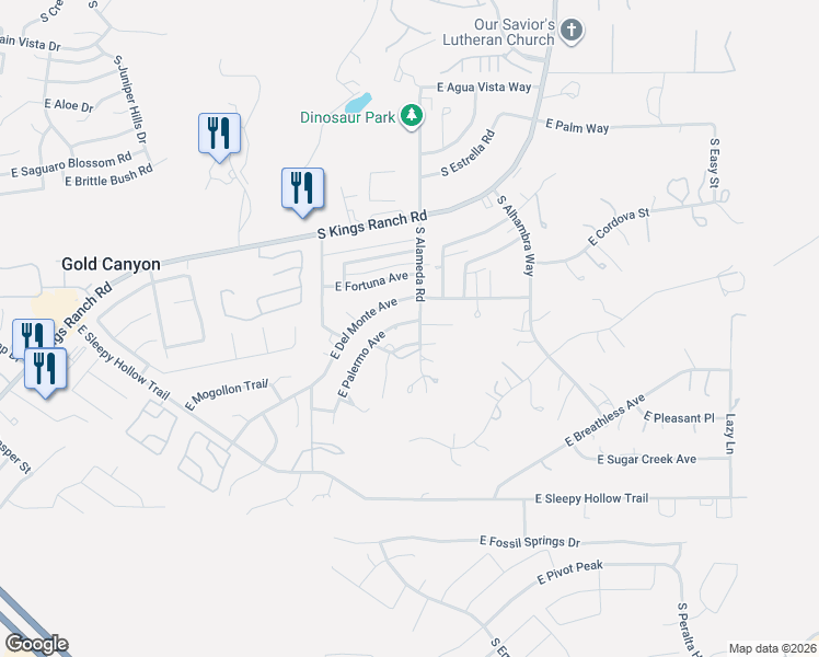 map of restaurants, bars, coffee shops, grocery stores, and more near 10020 East La Callecita Avenue in Gold Canyon