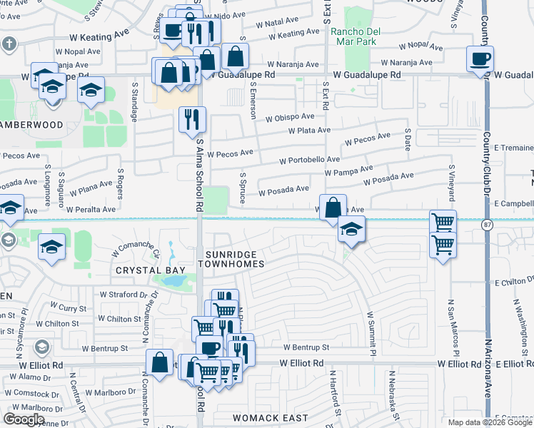 map of restaurants, bars, coffee shops, grocery stores, and more near 1003 West Peralta Avenue in Mesa