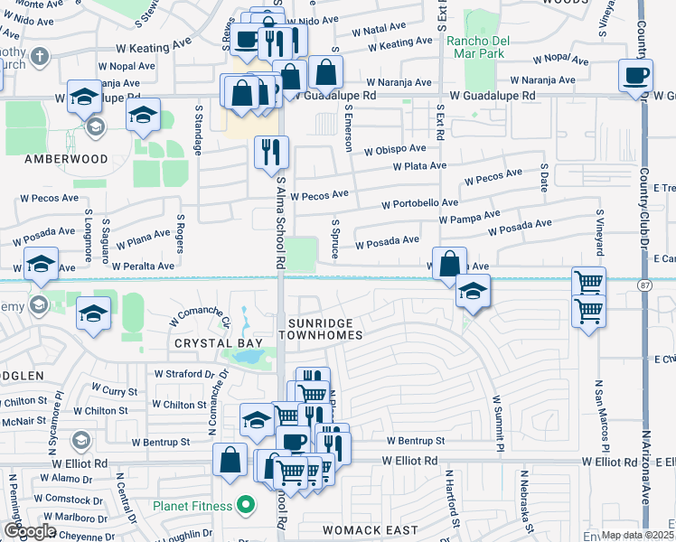 map of restaurants, bars, coffee shops, grocery stores, and more near 1039 West Peralta Avenue in Mesa