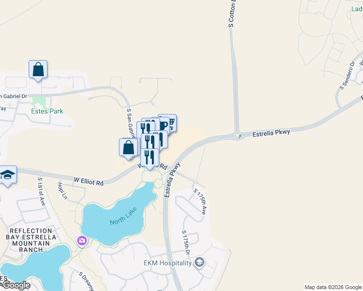 map of restaurants, bars, coffee shops, grocery stores, and more near 9846 South Estrella Parkway in Goodyear