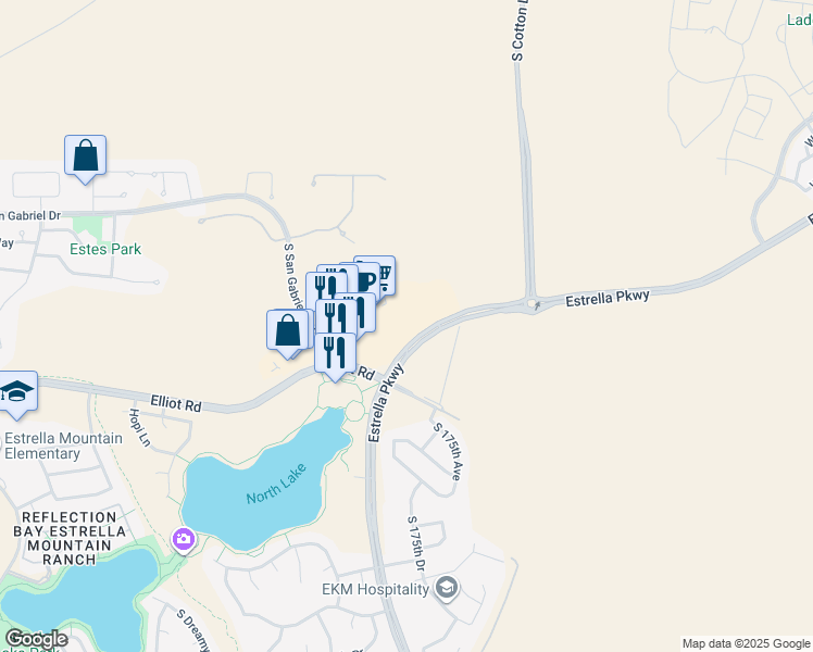 map of restaurants, bars, coffee shops, grocery stores, and more near 9846 South Estrella Parkway in Goodyear