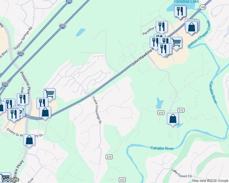 map of restaurants, bars, coffee shops, grocery stores, and more near 170 Brook Trace Drive in Hoover