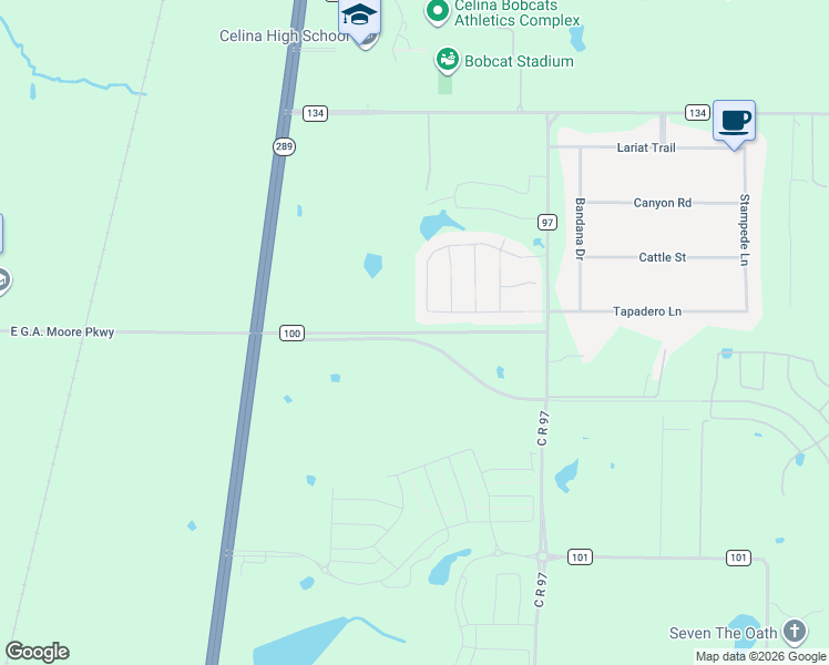 map of restaurants, bars, coffee shops, grocery stores, and more near 10279 County Road 100 in Celina