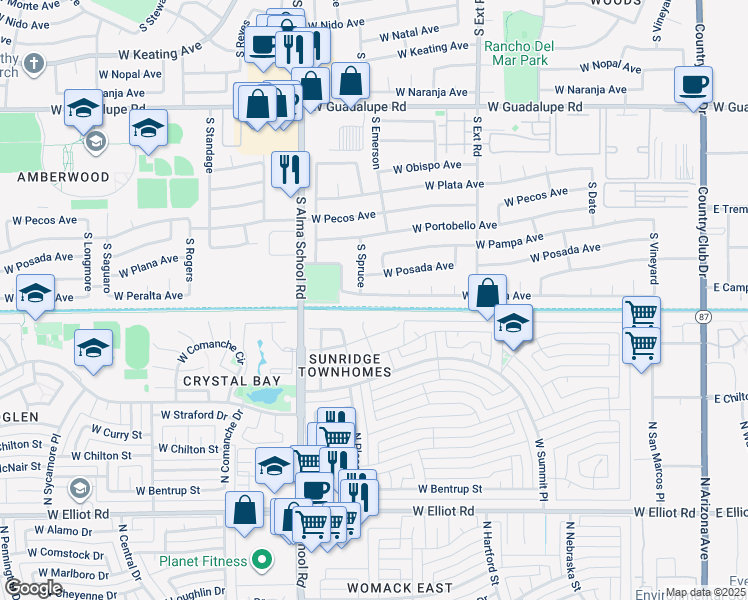 map of restaurants, bars, coffee shops, grocery stores, and more near 1039 West Peralta Avenue in Mesa