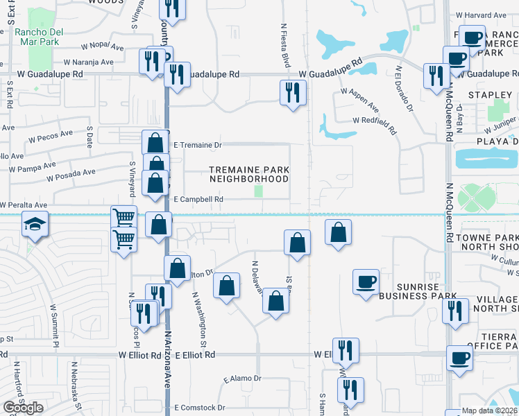 map of restaurants, bars, coffee shops, grocery stores, and more near 345 East Campbell Road in Chandler