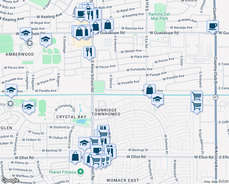 map of restaurants, bars, coffee shops, grocery stores, and more near 1039 West Peralta Avenue in Mesa