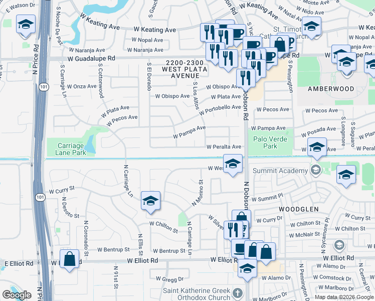 map of restaurants, bars, coffee shops, grocery stores, and more near 2263 West Peralta Avenue in Mesa