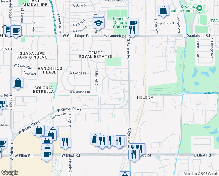 map of restaurants, bars, coffee shops, grocery stores, and more near West Apartment in Tempe