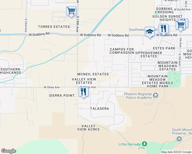 map of restaurants, bars, coffee shops, grocery stores, and more near 1801 West McNeil Street in Phoenix