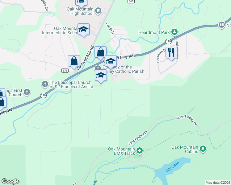 map of restaurants, bars, coffee shops, grocery stores, and more near 5525 Timber Hill Road in Birmingham