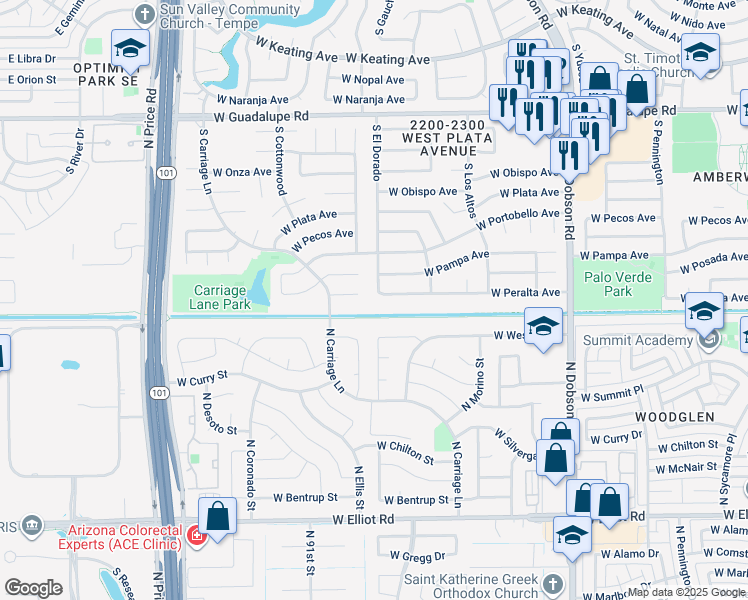 map of restaurants, bars, coffee shops, grocery stores, and more near 3140 South El Dorado in Mesa
