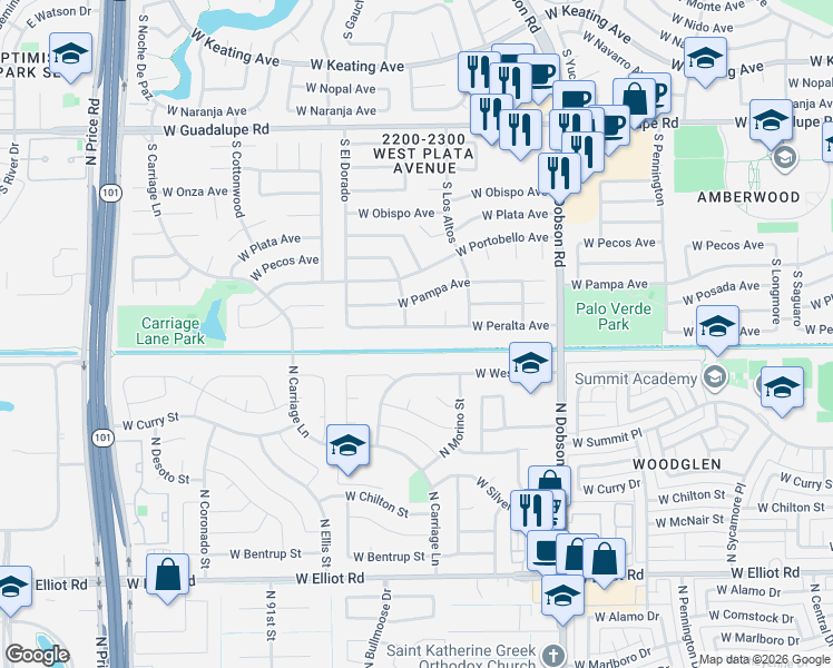 map of restaurants, bars, coffee shops, grocery stores, and more near 2263 West Peralta Avenue in Mesa