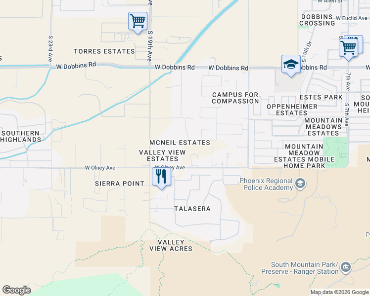 map of restaurants, bars, coffee shops, grocery stores, and more near 1801 West McNeil Street in Phoenix