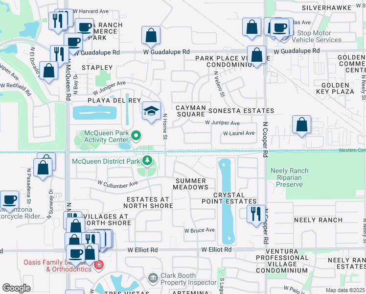map of restaurants, bars, coffee shops, grocery stores, and more near 1135 West Heather Avenue in Gilbert