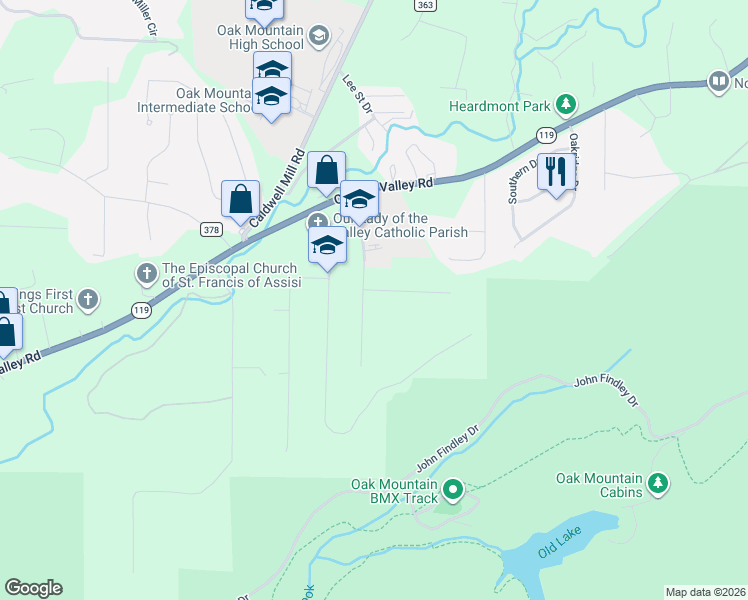 map of restaurants, bars, coffee shops, grocery stores, and more near 5525 Timber Hill Road in Birmingham