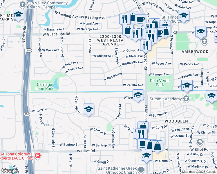 map of restaurants, bars, coffee shops, grocery stores, and more near 2263 West Peralta Avenue in Mesa