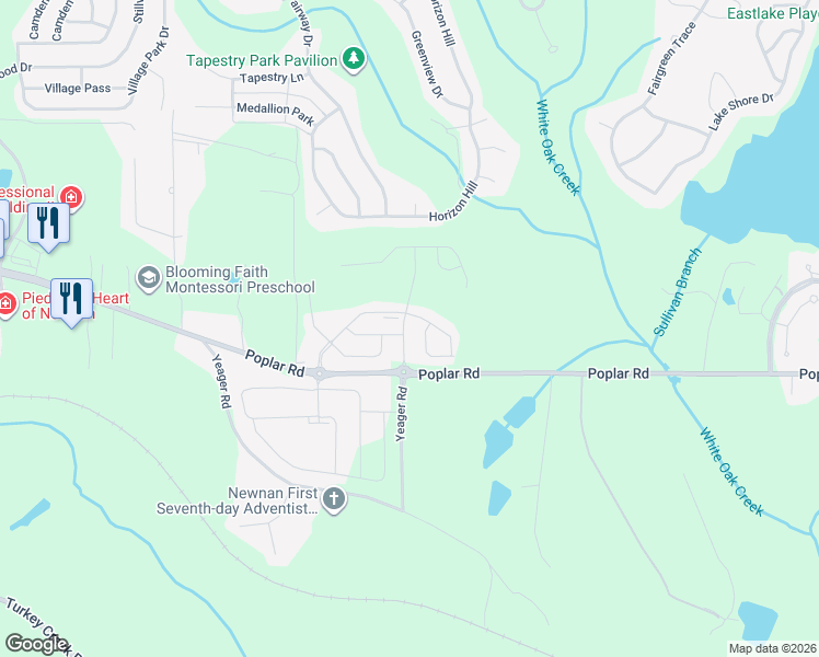 map of restaurants, bars, coffee shops, grocery stores, and more near 403 Poplar Road in Newnan
