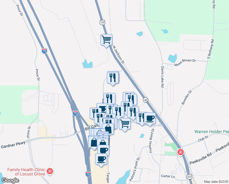 map of restaurants, bars, coffee shops, grocery stores, and more near 4949 Bill Gardner Parkway in Locust Grove