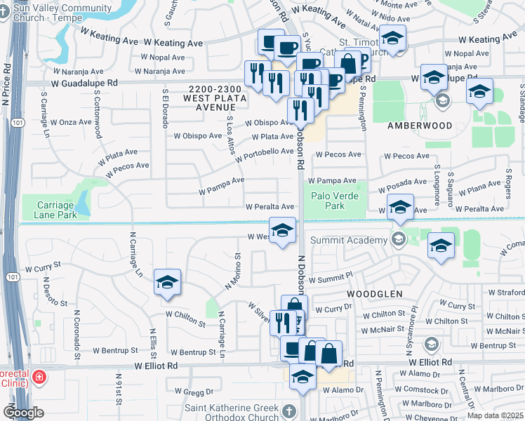 map of restaurants, bars, coffee shops, grocery stores, and more near 2107 West Peralta Avenue in Mesa