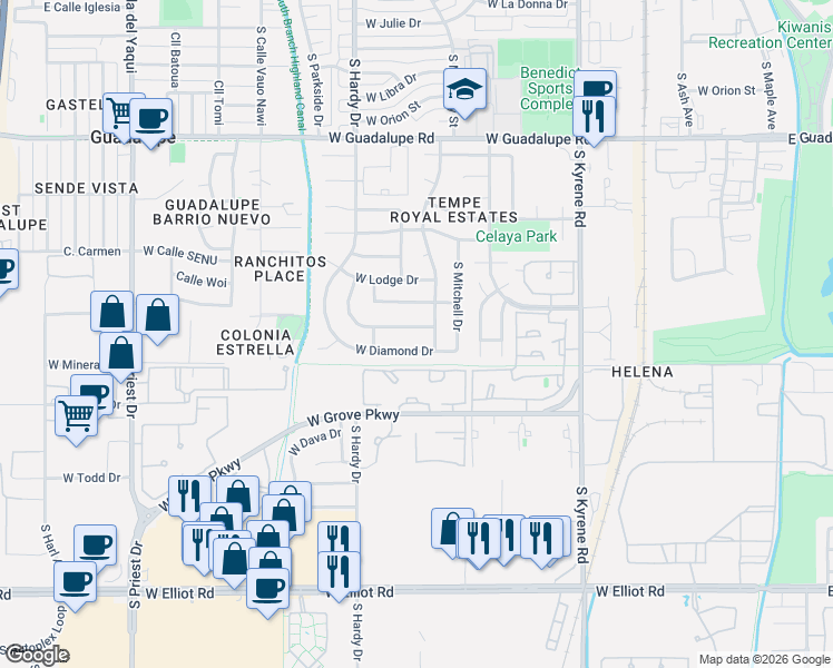 map of restaurants, bars, coffee shops, grocery stores, and more near 814 West Diamond Drive in Tempe