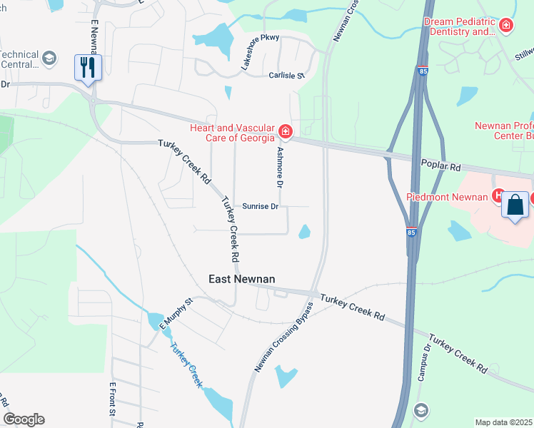 map of restaurants, bars, coffee shops, grocery stores, and more near 59 Sunrise Drive in Newnan
