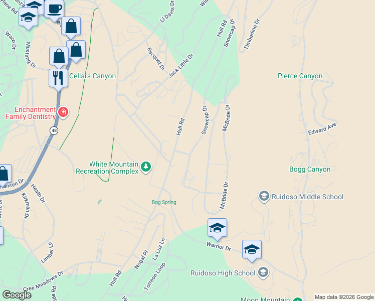 map of restaurants, bars, coffee shops, grocery stores, and more near Snowcrest Dr in Ruidoso