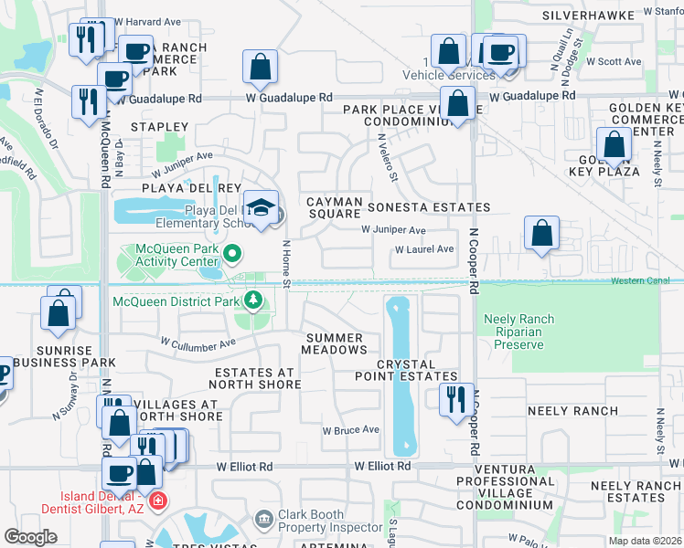 map of restaurants, bars, coffee shops, grocery stores, and more near 1073 West Heather Avenue in Gilbert