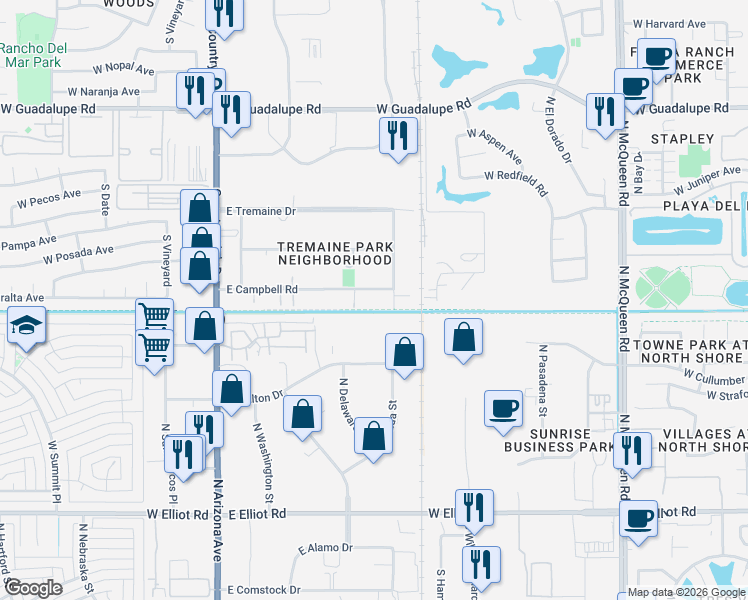 map of restaurants, bars, coffee shops, grocery stores, and more near 345 East Campbell Road in Chandler