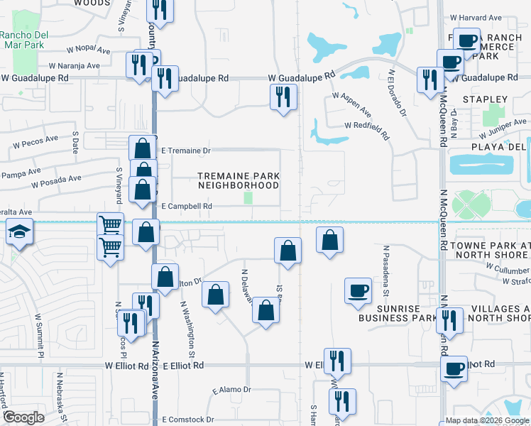 map of restaurants, bars, coffee shops, grocery stores, and more near 345 East Campbell Road in Chandler