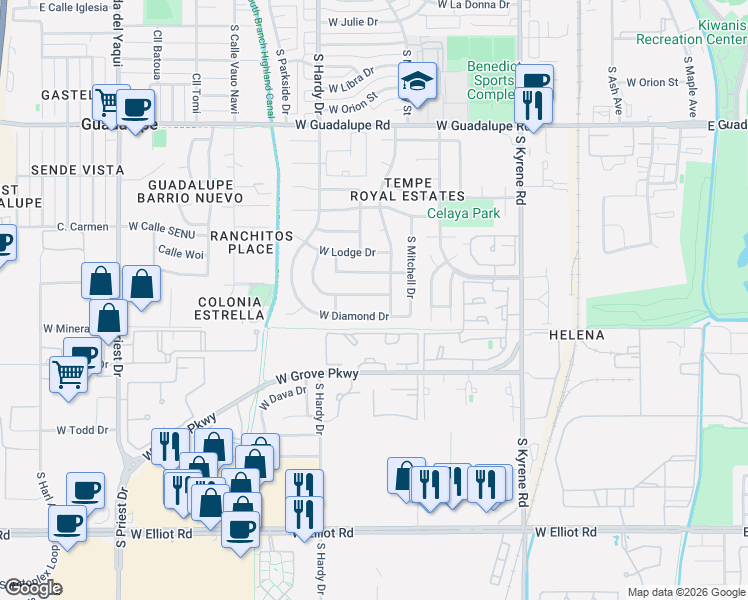 map of restaurants, bars, coffee shops, grocery stores, and more near 814 West Diamond Drive in Tempe