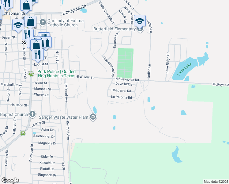 map of restaurants, bars, coffee shops, grocery stores, and more near 702 La Paloma Road in Sanger