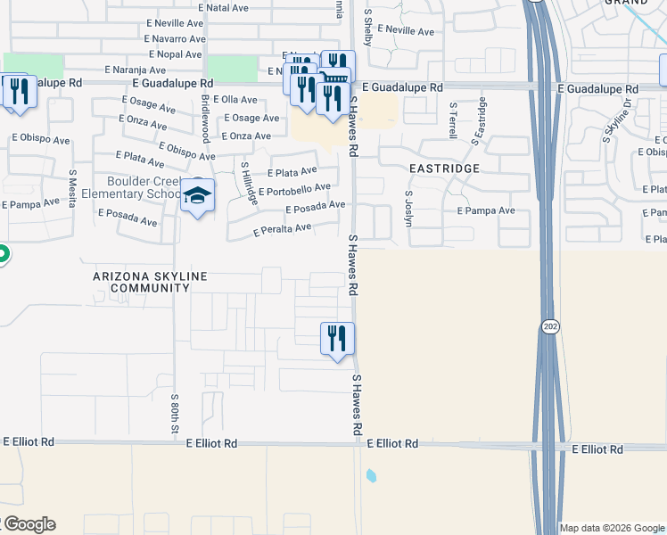 map of restaurants, bars, coffee shops, grocery stores, and more near 3232 South Hawes Road in Mesa