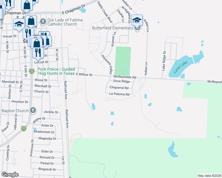 map of restaurants, bars, coffee shops, grocery stores, and more near 702 La Paloma Road in Sanger