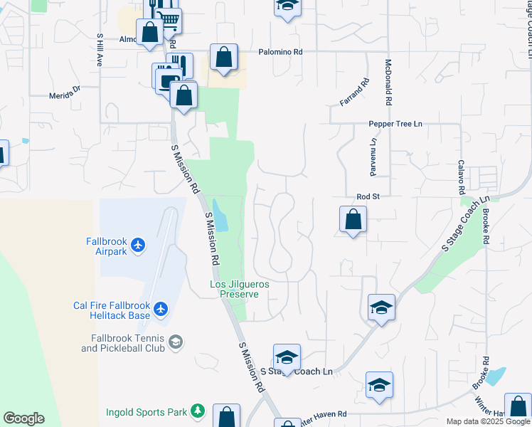 map of restaurants, bars, coffee shops, grocery stores, and more near 1093 Highland Park in Fallbrook