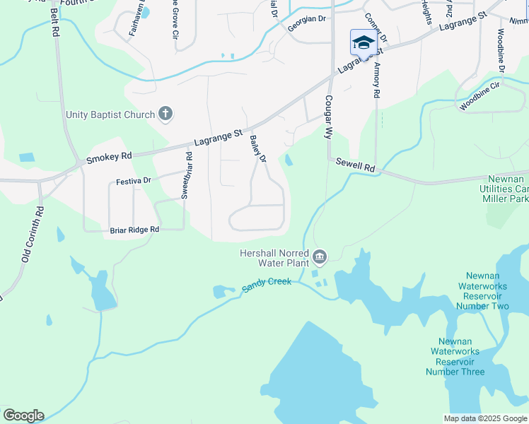 map of restaurants, bars, coffee shops, grocery stores, and more near 72 Bailey Drive in Newnan