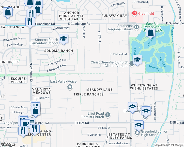 map of restaurants, bars, coffee shops, grocery stores, and more near Western Powerline Trail in Gilbert